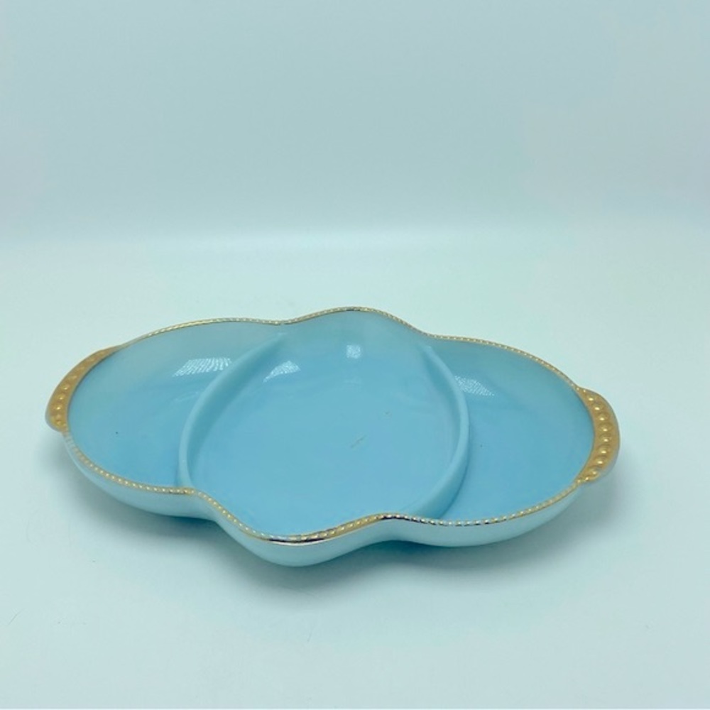 Vintage Fire King Delphite Milk Glass Divided Serving Dish Gold Beaded Rim - Picture 6 of 6